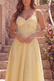Corset jaune ligne A, robe de bal midi à bretelles fines avec perles