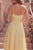 Corset jaune ligne A, robe de bal midi à bretelles fines avec perles