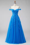 Corset A-ligne dénudé bleu foncé robe de bal longue avec des appliqués