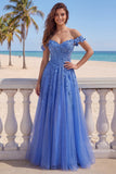 Corset A-ligne dénudé bleu foncé robe de bal longue avec des appliqués