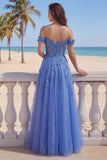 Corset A-ligne dénudé bleu foncé robe de bal longue avec des appliqués