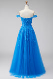 Corset A-ligne dénudé bleu foncé robe de bal longue avec des appliqués