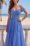 Corset A-ligne dénudé bleu foncé robe de bal longue avec des appliqués