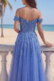 Corset A-ligne dénudé bleu foncé robe de bal longue avec des appliqués