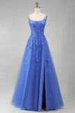 Corset A-Line bleu foncé, longue robe de bal appliquée perlée et fendue