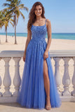Corset A-Line bleu foncé, longue robe de bal appliquée perlée et fendue