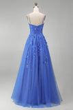 Corset A-Line bleu foncé, longue robe de bal appliquée perlée et fendue