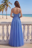 Corset A-Line bleu foncé, longue robe de bal appliquée perlée et fendue