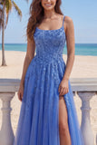 Corset A-Line bleu foncé, longue robe de bal appliquée perlée et fendue