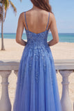 Corset A-Line bleu foncé, longue robe de bal appliquée perlée et fendue