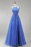 Corset de fin d’année bleu foncé à col nu file, perles et applique, longue robe de bal avec fente