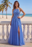 Corset de fin d’année bleu foncé à col nu file, perles et applique, longue robe de bal avec fente