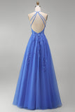 Corset de fin d’année bleu foncé à col nu file, perles et applique, longue robe de bal avec fente