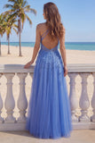 Corset de fin d’année bleu foncé à col nu file, perles et applique, longue robe de bal avec fente