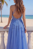 Corset de fin d’année bleu foncé à col nu file, perles et applique, longue robe de bal avec fente