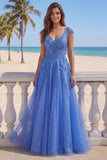 Corset long de bal à col en V bleu foncé en ligne A avec des appliques