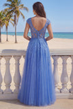 Corset long de bal à col en V bleu foncé en ligne A avec des appliques