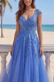 Corset long de bal à col en V bleu foncé en ligne A avec des appliques