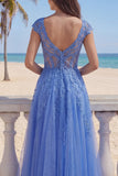 Corset long de bal à col en V bleu foncé en ligne A avec des appliques