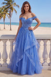 Corset longue de bal en tulle à épaules décalés, corset ligne A bleu foncé appliqué avec des volants