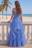 Corset longue de bal en tulle à épaules décalés, corset ligne A bleu foncé appliqué avec des volants