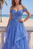 Corset longue de bal en tulle à épaules décalés, corset ligne A bleu foncé appliqué avec des volants