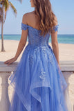 Corset longue de bal en tulle à épaules décalés, corset ligne A bleu foncé appliqué avec des volants
