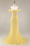 Longue robe de bal en dentelle jaune en dentelle dénudée Corset