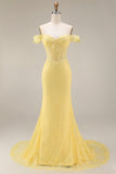 Corset de sirène jaune en dentelle décollée des épaules