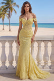 Longue robe de bal en dentelle jaune en dentelle dénudée Corset
