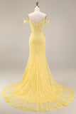 Longue robe de bal en dentelle jaune en dentelle dénudée Corset