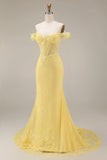 Corset de sirène jaune en dentelle décollée des épaules