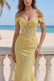 Longue robe de bal en dentelle jaune en dentelle dénudée Corset