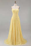 Robe longue de bal en lace A-line jaune amoureuse à fronçages