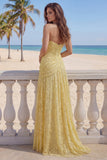 Robe longue de bal en lace A-line jaune amoureuse à fronçages