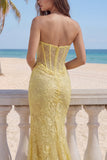 Corset de bal long avec corset de bal en dentelle Sirène Jaune et fendue