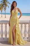 Corset de bal en dentelle jaune sirène sans bretelles à volants et longue robe de bal avec fente