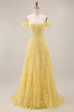 Longue robe de bal longue en dentelle en dentelle à ligne décollée sur les épaules en A
