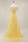 Corset de bal jaune en dentelle à épaules dénudées, robe longue de bal