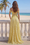 Corset de bal jaune en dentelle à épaules dénudées, robe longue de bal