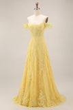 Longue robe de bal longue en dentelle en dentelle à ligne décollée sur les épaules en A