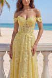 Corset de bal jaune en dentelle à épaules dénudées, robe longue de bal