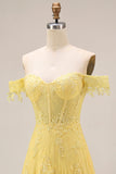 Longue robe de bal longue en dentelle en dentelle à ligne décollée sur les épaules en A