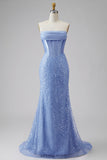 Corset long de bal orné de perles en satin satin sirène bleu bretelé