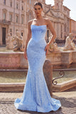 Corset long de bal orné de perles en satin satin sirène bleu bretelé