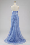 Corset long de bal orné de perles en satin satin sirène bleu bretelé