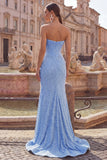Corset long de bal orné de perles en satin satin sirène bleu bretelé