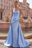 Robe longue de bal de promo ornée de perles en satin satin bleu avec perles