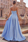 Robe longue de bal de promo ornée de perles en satin satin bleu avec perles