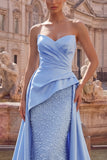 Robe longue de bal de promo ornée de perles en satin satin bleu avec perles